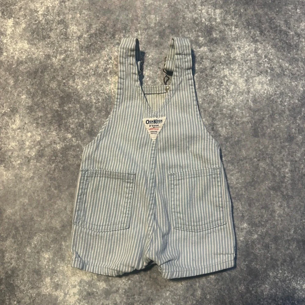 Vintage OshKosh B'gosh Baby Blue Hickory Stripe Shortalls Overalls‎ Size 3/6 Mos